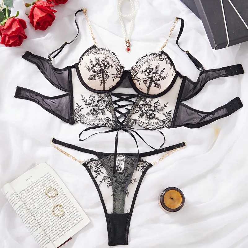 Sexy Embroidery Lingerie Suit for Women Chain Flower Embroidery Cross-belt Hollow Two-piece Set Womens Underwear Suit R250520