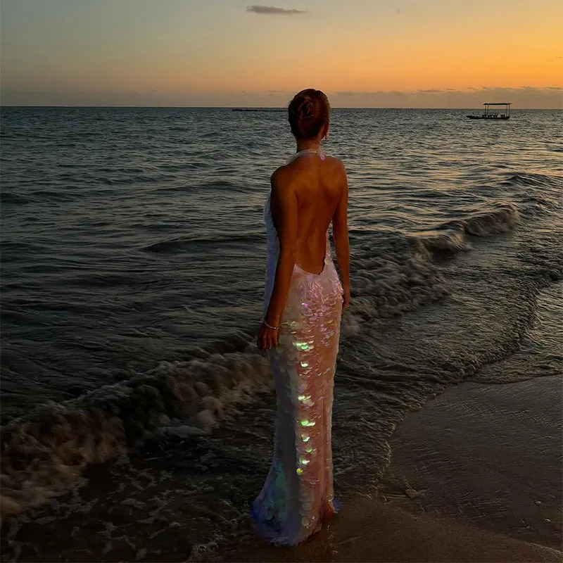 Chic Shinning Sequins Maxi Dress For Women Backless Sleeveless Halter Robes Lady Spring Summer Vacation Beach Dresses 250517