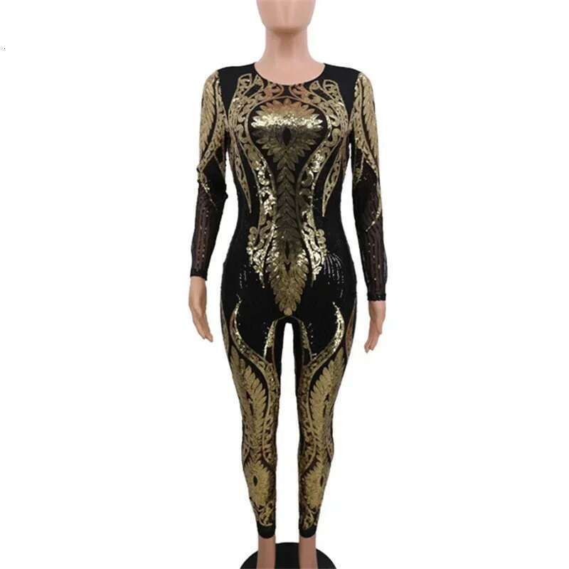Fashion Patterned Sexy See-Through Jumpsuit Women Slim Fit Pencil Trousers Rompers Female Party Club Nightclubs One-Piece Pants