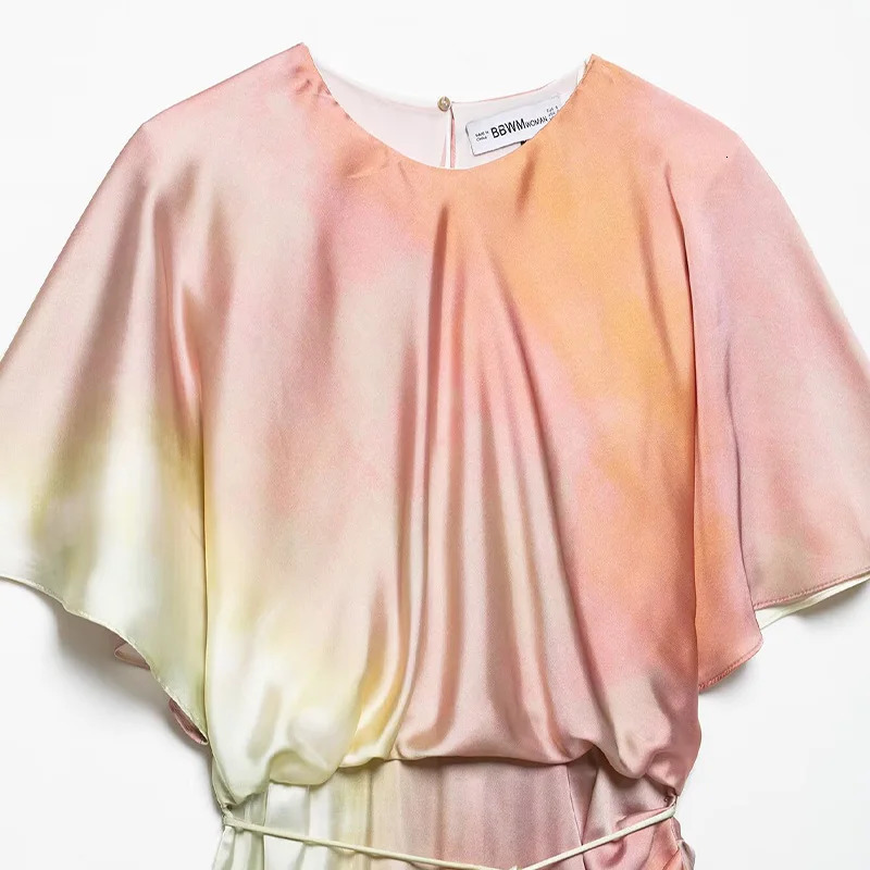 Willshela Women Fashion With Belt Tie Dye Pleated Side Slit Midi Dress Vintage ONeck Short Sleeves Female Chic Lady Dresses 250520