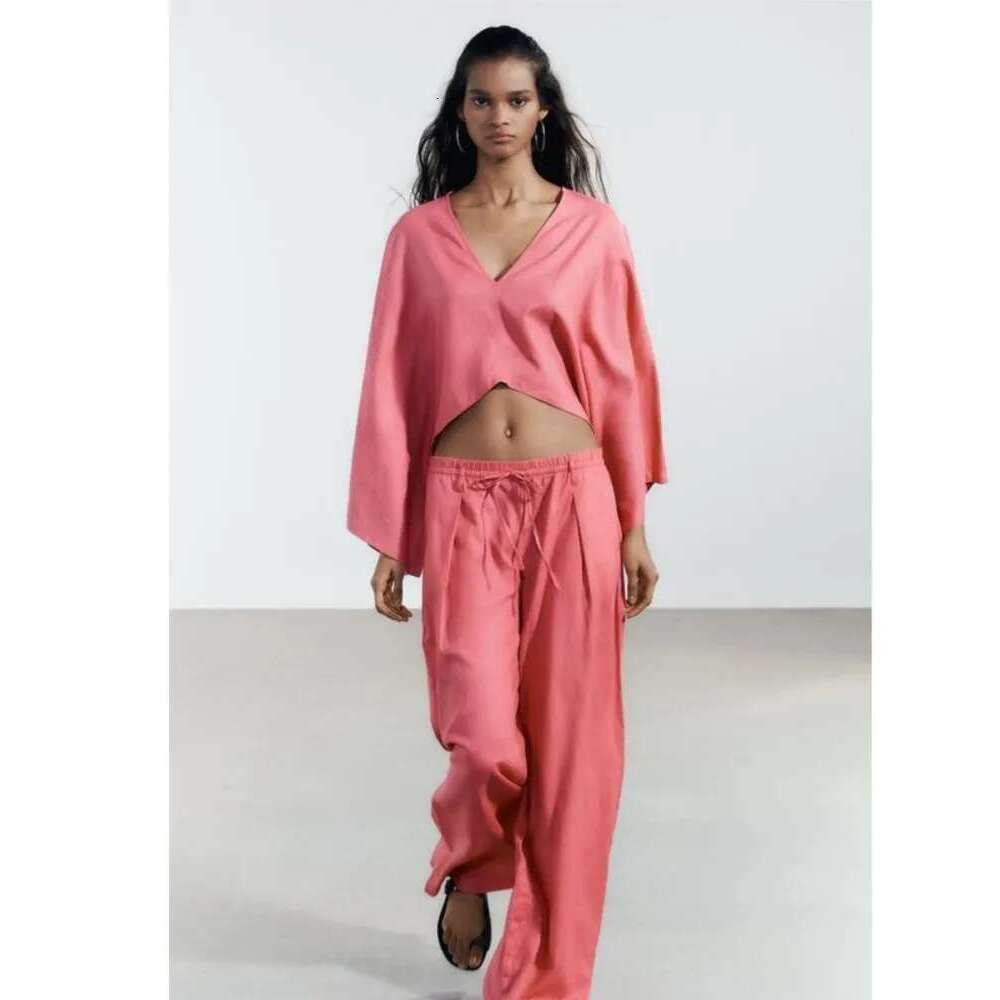 TRAF Wide Leg Pants For 2 Causal Loose Sleeve V Neck Shirt Drawstring Trousers Two Piece Set Women Outfit