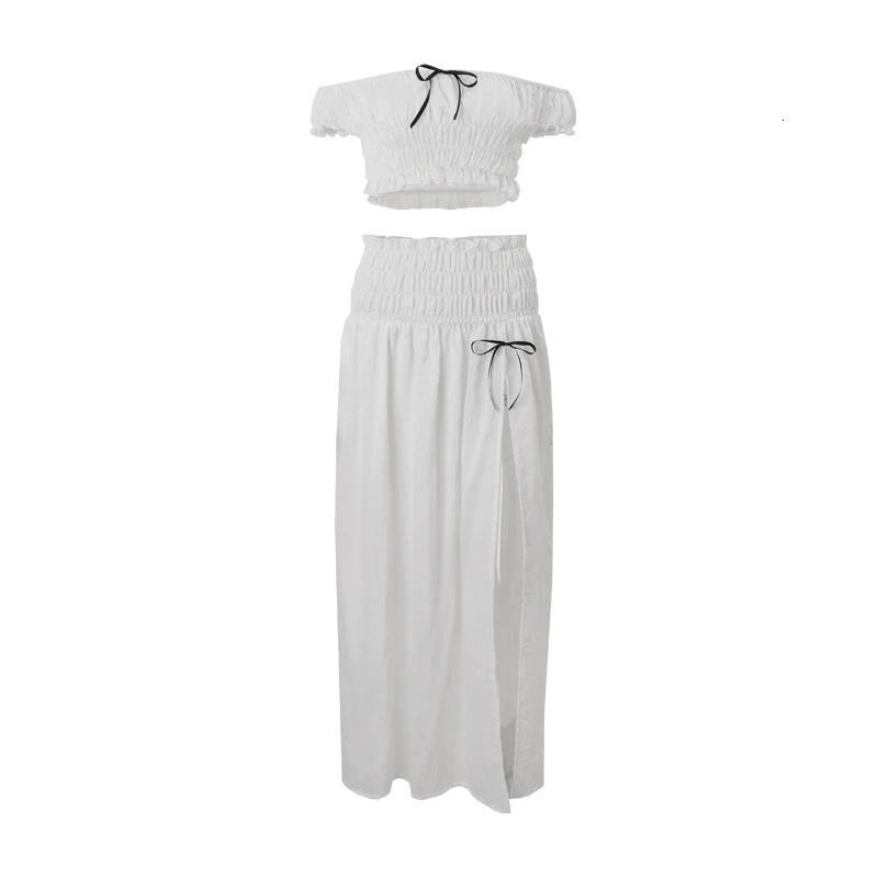 WhereMery Sexy Bow Off Shoulder Puff Sleeve Crop Tops with Ruffle Loose Long Skirts Summer Women Casual Beach 2 Piece Sets 250520