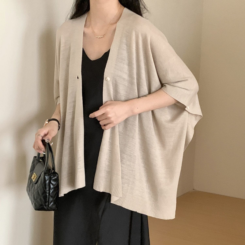 K774 Sunscreen thin knitted shawl color loose button versatile super fairy office medium and long advanced air conditioning outer wear