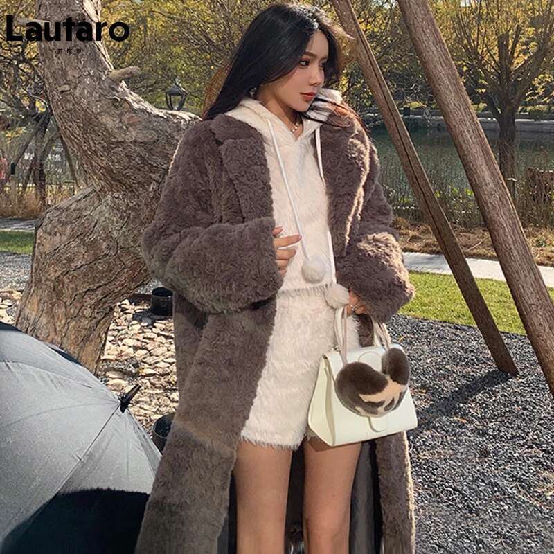 Lautaro Winter Long Oversized Shaggy Fuzzy Warm Thick Fluffy Faux Fur Coat Women Sashes Lapel Stylish Korean Fashion 2021