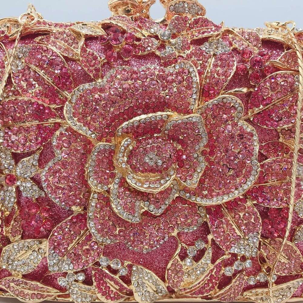 Rose Gold Rhinestone Flower Clutch Purse Crystal Designer Women's Dinner Party Handbags Unique Dia Wedding Evening Ba
