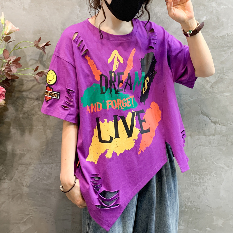 Designer Clothing Plus Size Women's Ripped Top Fashionable Loose Casual Letter Graffiti Short Sleeved T-shirt For Women 2025 New Style