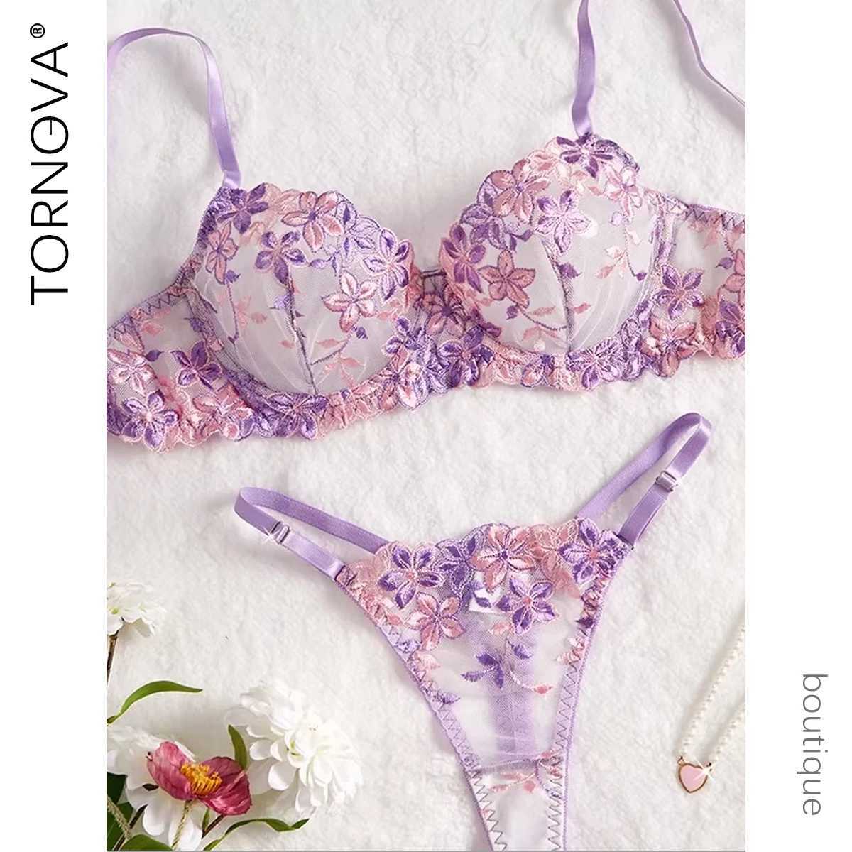 Sexy Purple Sexy Lingerie for Women Mesh Hollow Out See-Through Thin Embroidered Sexy Interesting Lace Underwear Set New R250520