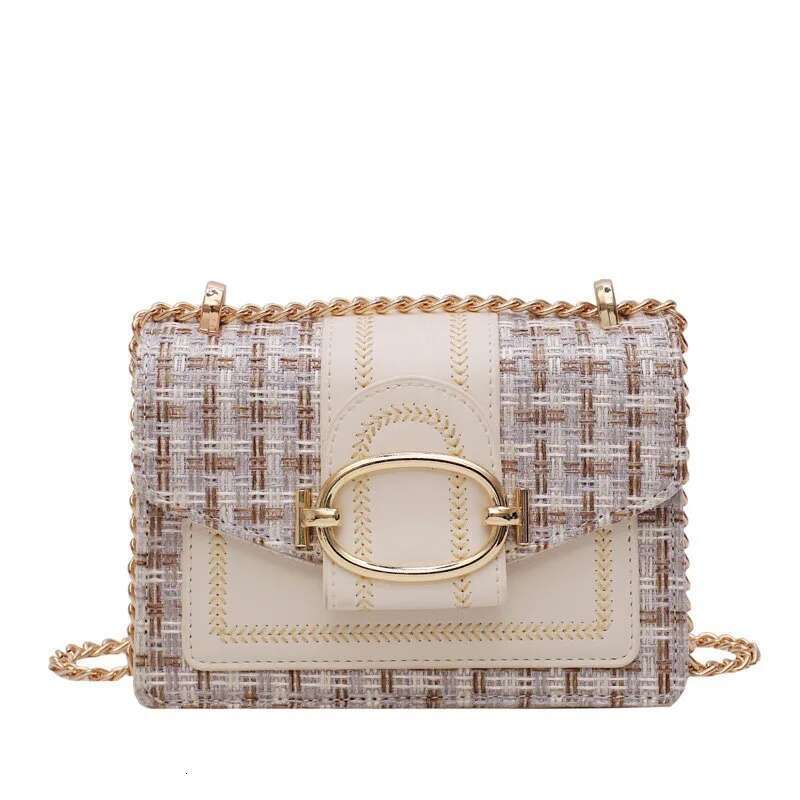 Designer Checkered Metal Chain Single Shoulder Bag, Women's Lock Buckle, Crossbody Commuting Small Square Bags For Women