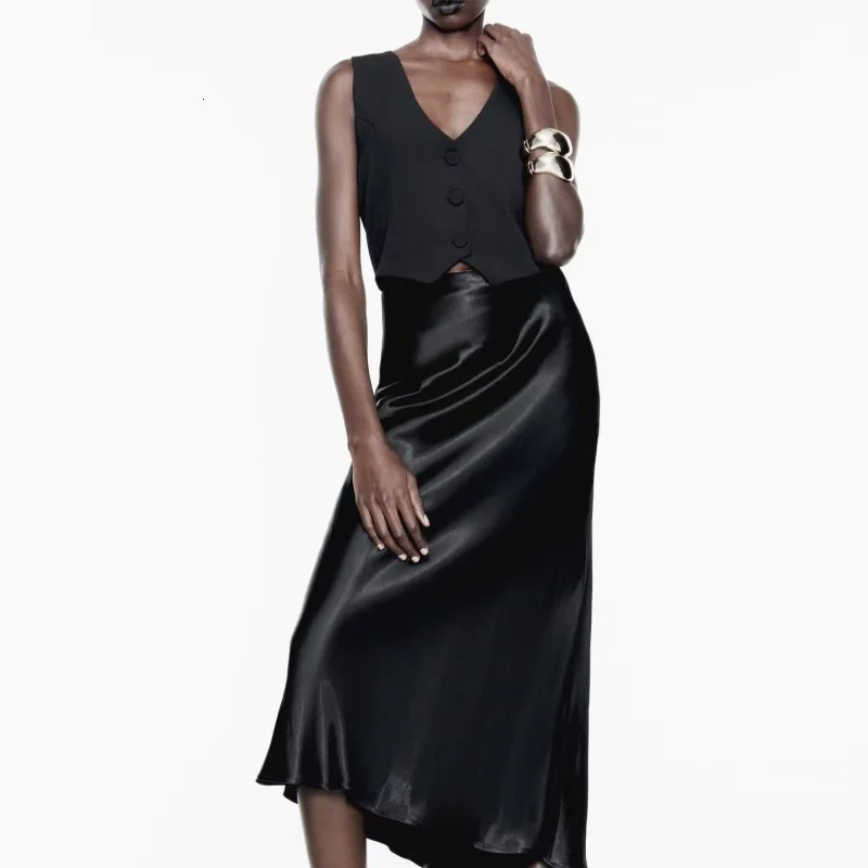 European and American style temperament versatile satin texture stitching sleeveless dress 250520