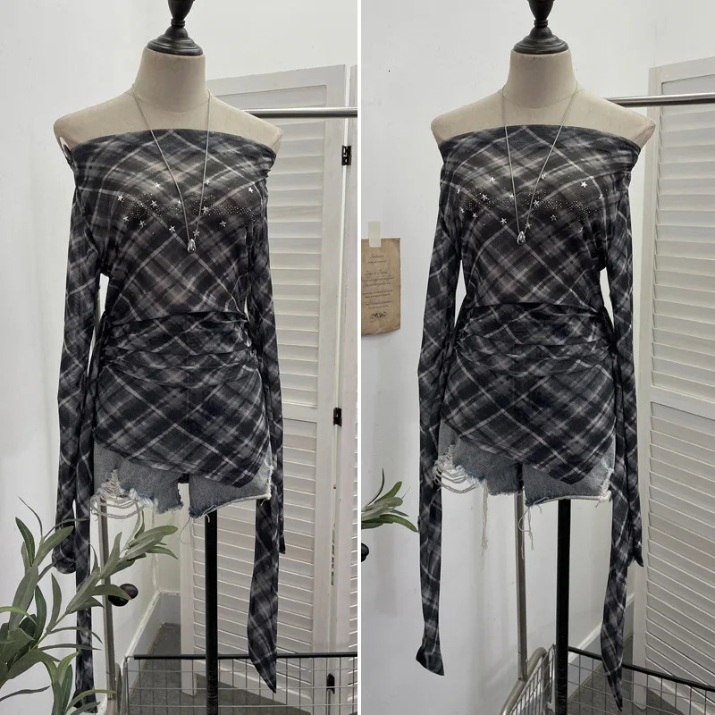 Women Vintage Plaid Mesh Long Sleeve Shirt Sexy One Shoulder Backless Irregular Ribbon Y2K Short Top Partyclub Streetwear 8073 250517