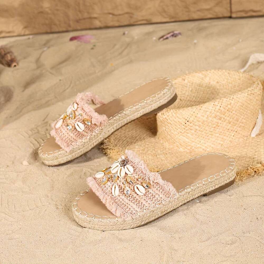 Stylish Rhinestone Shell Decor Peep Toe Espadrille Slides Women Shoes - Comfortable Casual Outdoor Beach Travel Vacation Sandals with Breathable Insol