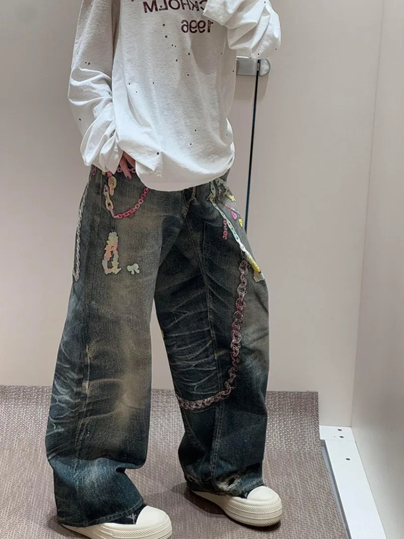 Korean Trendy Harajuku Streetwear Y2K Candy Chain 3D Printed Baggy Jeans Women Hip-hop Retro Punk Straight Wide-leg Pants 250520
