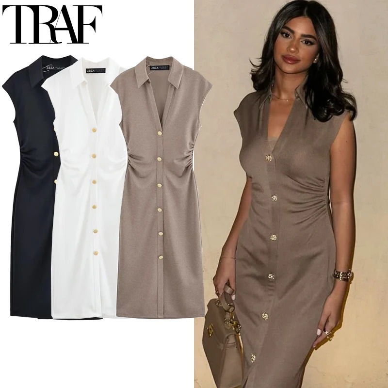 TRAF Sleeveless Solid Long Dresses Woman Summer Ruched Elegant Party Bodycon Shirt Midi Dress Office Holiday 250520