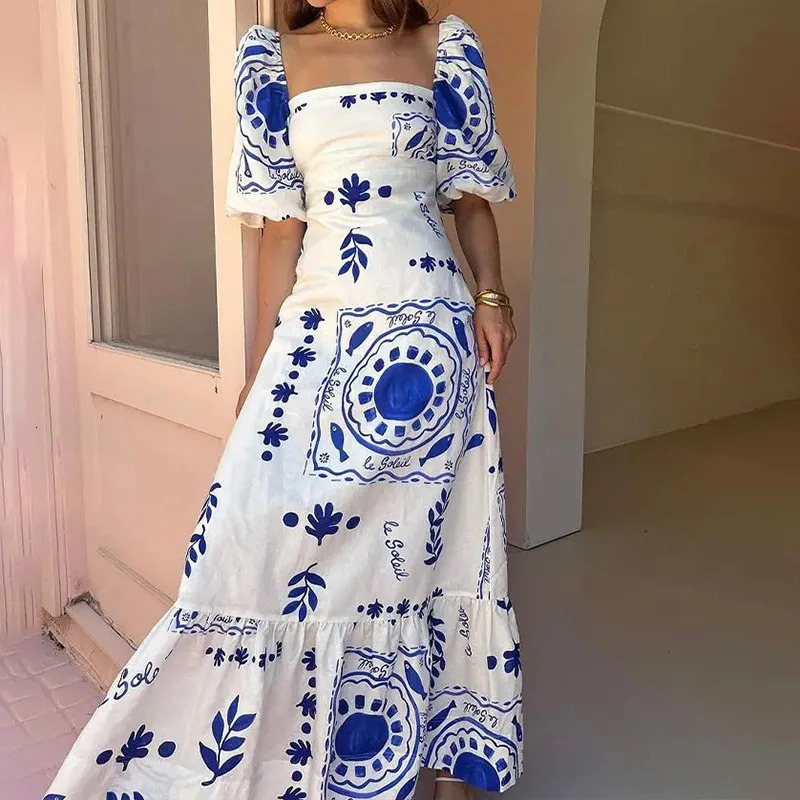 VEITCHE Summer Elegant Women Dress Flower Printed Maxi High Waisted Short Sleeve Square Collar Holiday Long Dresses 250520