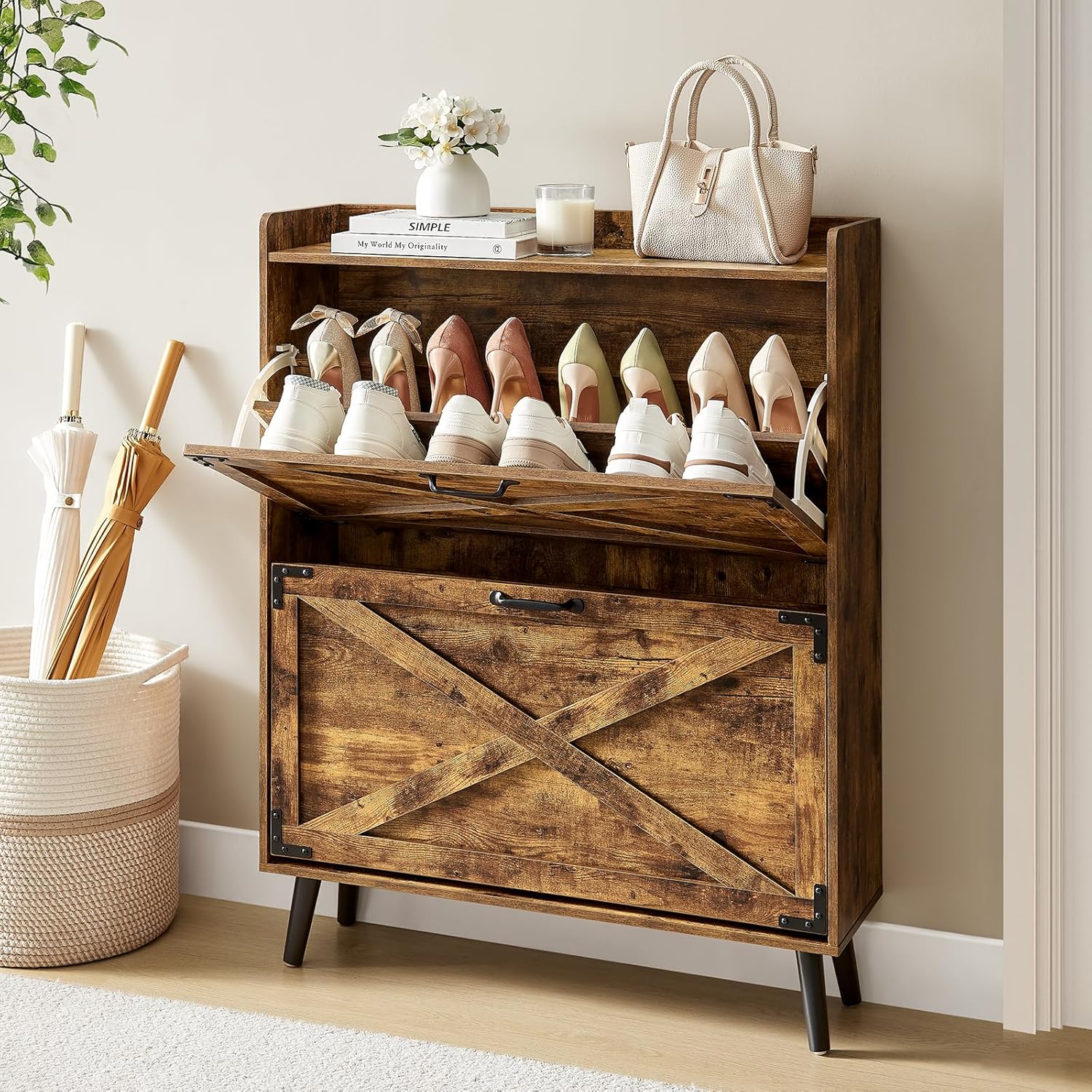GINOST Shoe Cabinet with 2 Flip Drawers,Farmhouse Shoe Storage Cabinet Organizer for Entryway,for Entrance, Hallway, Living Room,Classic Brown