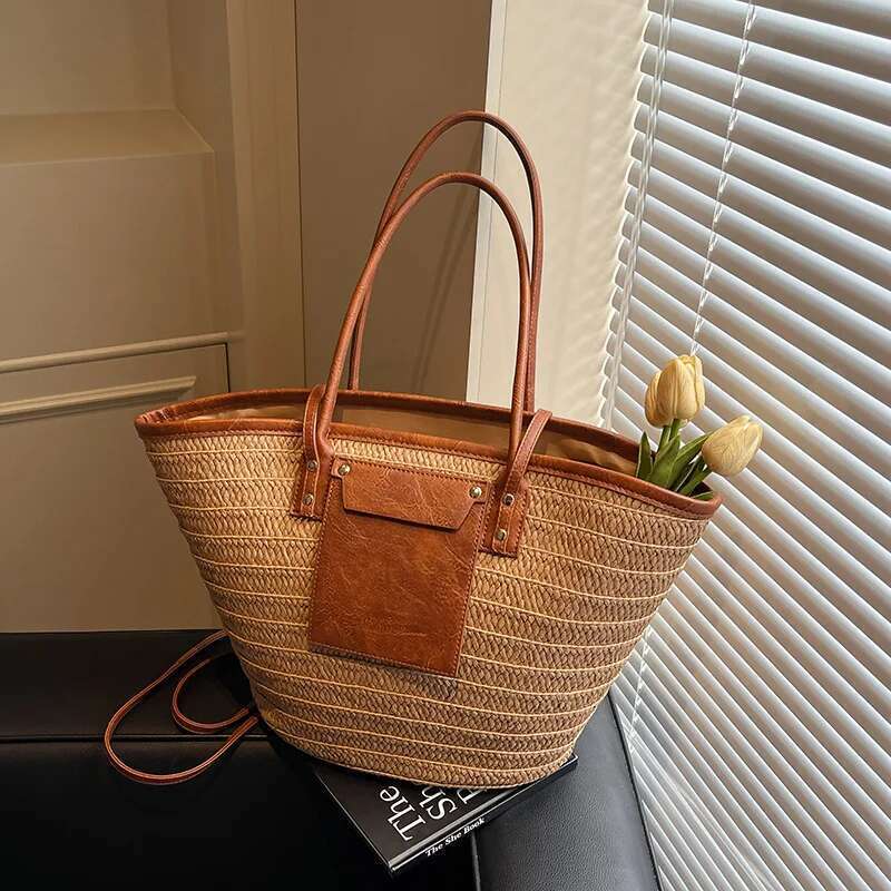 Women Fashion Handmade Straw Shoulder Purse Large Capacity Woven Sling Patchwork Vacation Bag