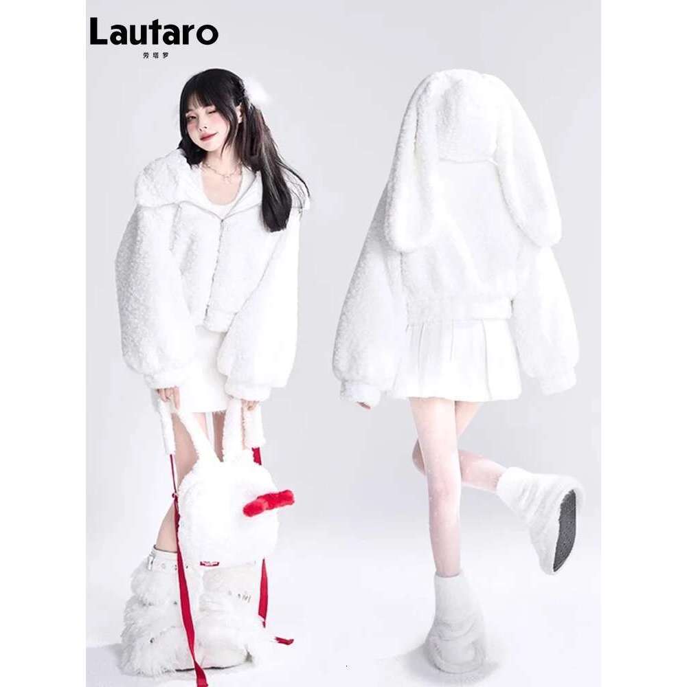 Lautaro Autumn Winter Sweet Cute Lovely Warm Soft White Short Faux Fur Coat Women With Bunny Ears Fluffy Jacket Hoodie 2023