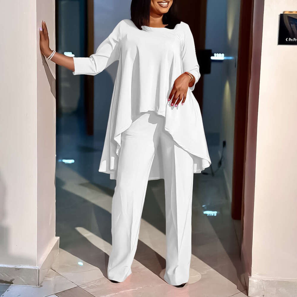 Women's Wear D3260 Women's Fashion And Temperament Large Size Long Sleeved Top Wide Leg Pants Set
