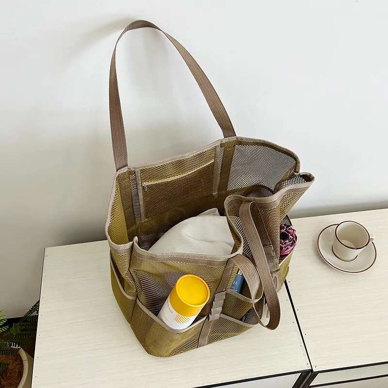 Large Capacity Canvas Beach Versatile Commuting Shopping Shoulder Lightweight Semi Transparent Mesh Hollow Bag