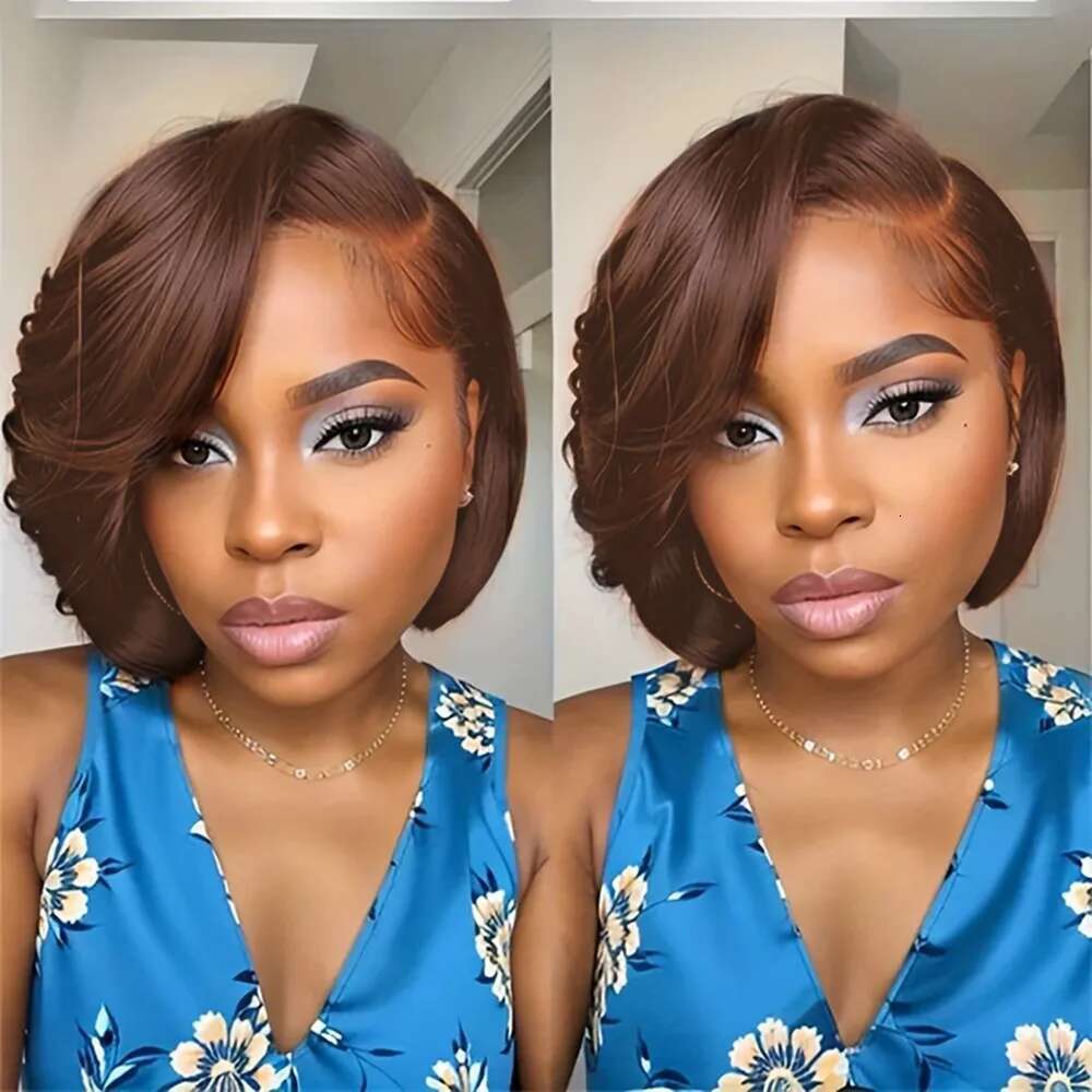 13x4 frontal lace daily party use remy 150% density 8inch 99 brown black color short straight pixie cut human hair wig