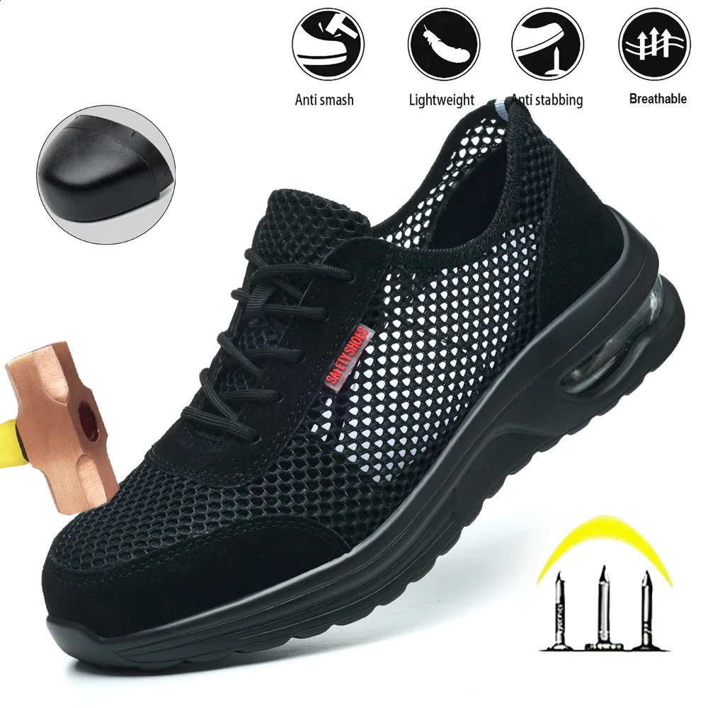 Mens Summer Mesh Breathable Steel Toe Safety Shoes Anti-Smash Puncture Proof Comfortable Outdoor Work Shoes 250519