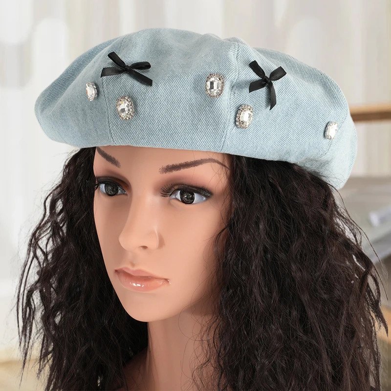 Mini Bows Rhinestones Buttons Beret Hats Womens Elegant Denim Artist Hat Fashion Soft Painters Cap Party Casual Pumpkin Cap 250520