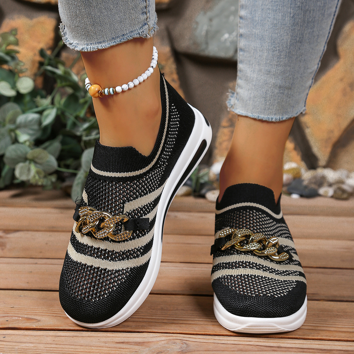 New Metal Chain Slope Heel Thick Bottom One Step Breathable Lightweight Mesh Large Casual Single Shoe For Casual Shoes Women Ddmysaturn