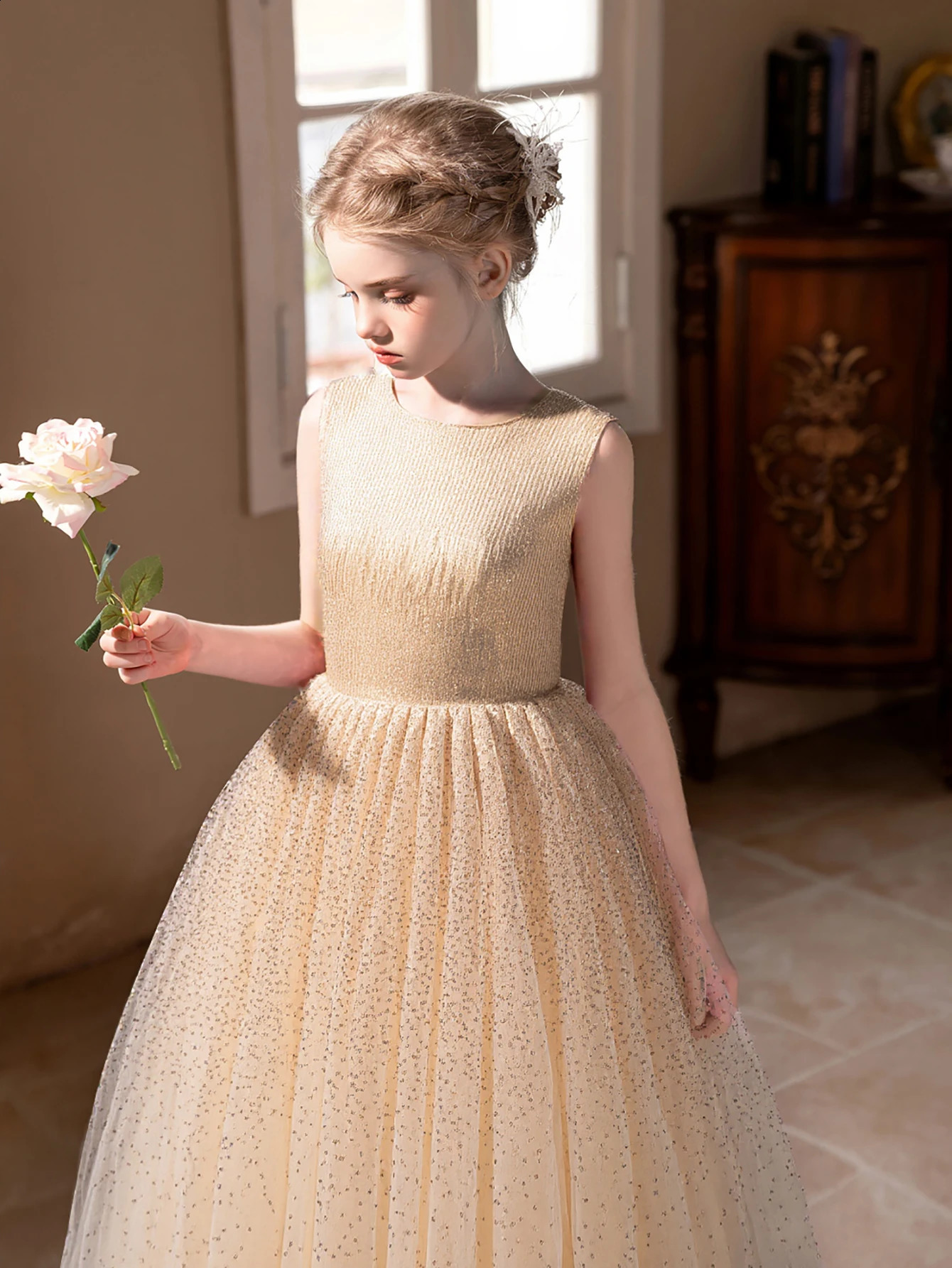 Girl Princess Dress High-end Champagne Sequined Dress for Girls Wedding Birthday Party Puffy Gauze Skirt Bridesmaid Dresses 250519