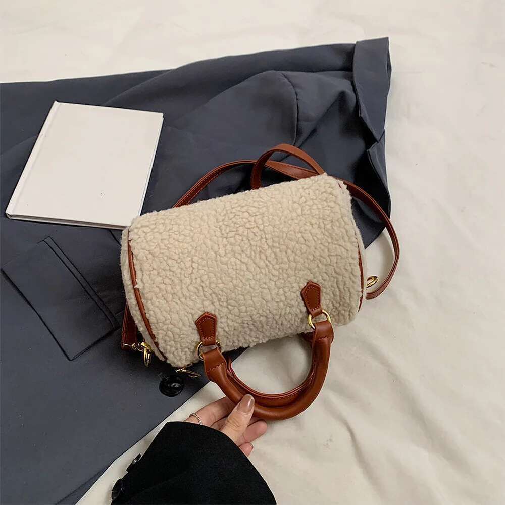 Women PU Leather Shoulder Fluffy Furry Boston Barrel Bag Pocket Satchel Purse With Zipper Handbag For Work Travel