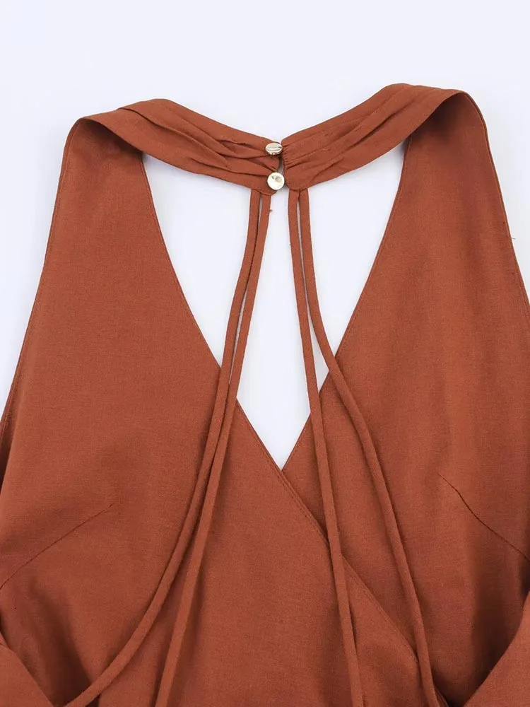 Women Summer MIDI Halter Dress Fashion Solid Linen Backless Strapless Female Elegant Street Party Dresses Clothing 250520