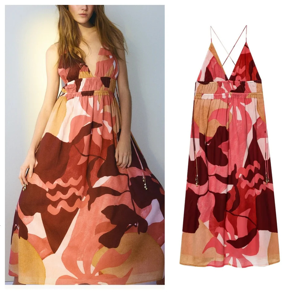European and American style summer print holiday backless suspender dress 250520