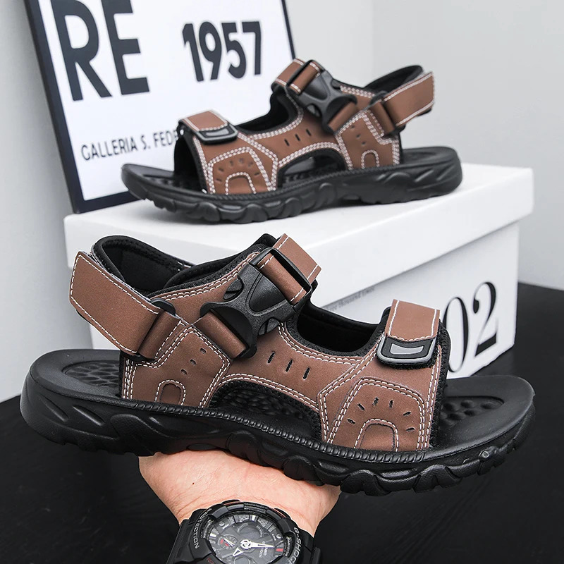 Summer Men Sandals PU Leather Lightweight Open Toe Flat Mens Casual Shoes Outdoor Walking Sandals for Men Beach Shoes Size 39-46 250515