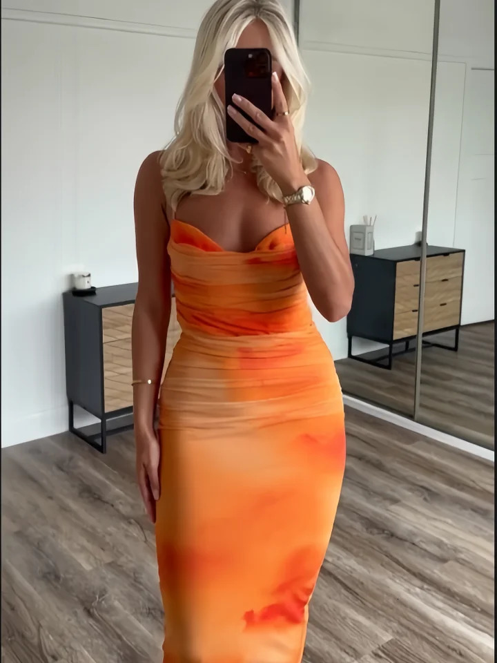 PB ZA Spring Womens Fashionable and Stylish Style Slim Fit Folded Printed Silk Mesh Sling Dress 250520