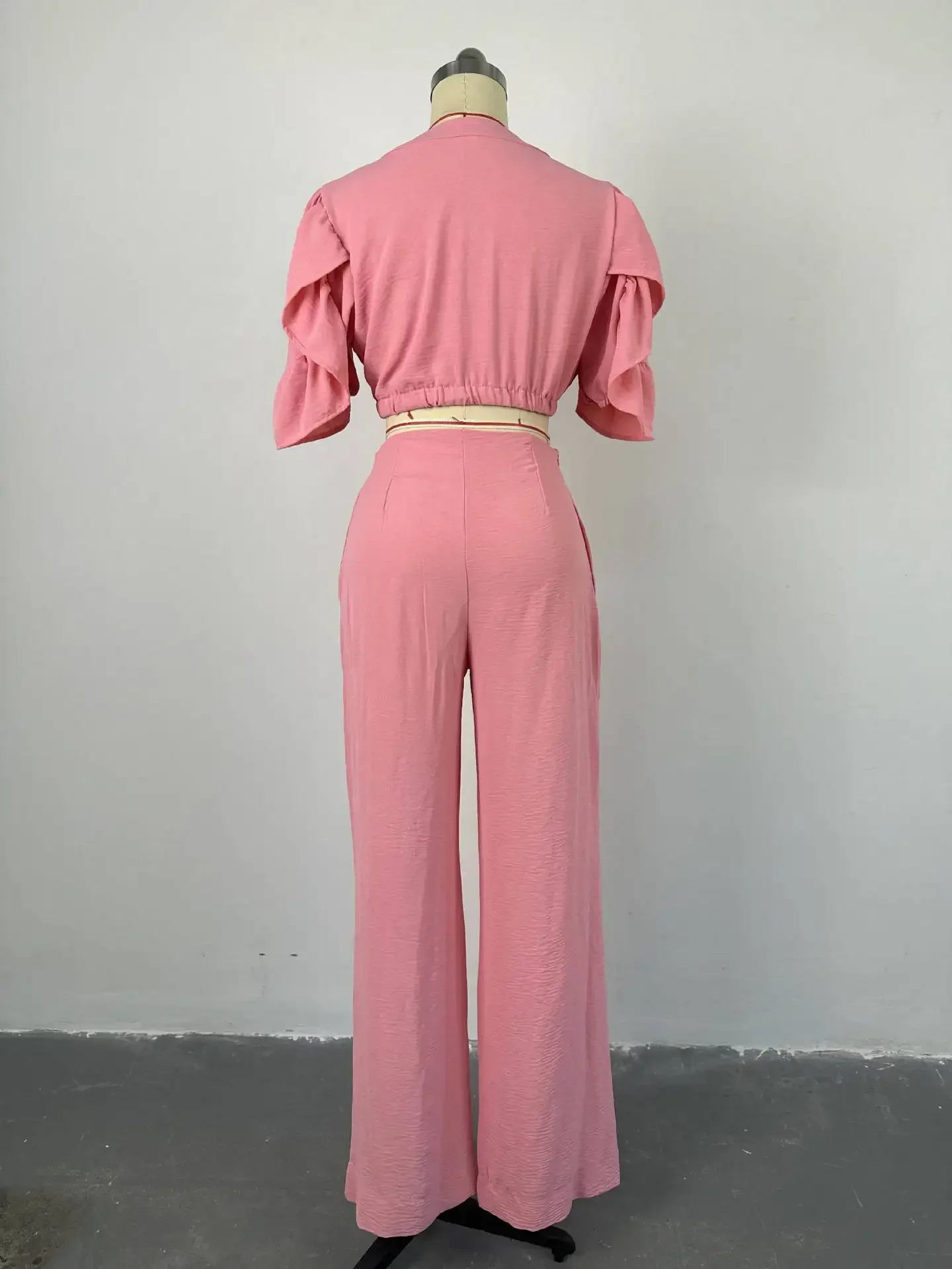 Fashion Women Two Piece Set Outfits Pink V-Neck Flared Sleeve Lace Up Top Casual Wide Leg Pants Set Female Suit 250516