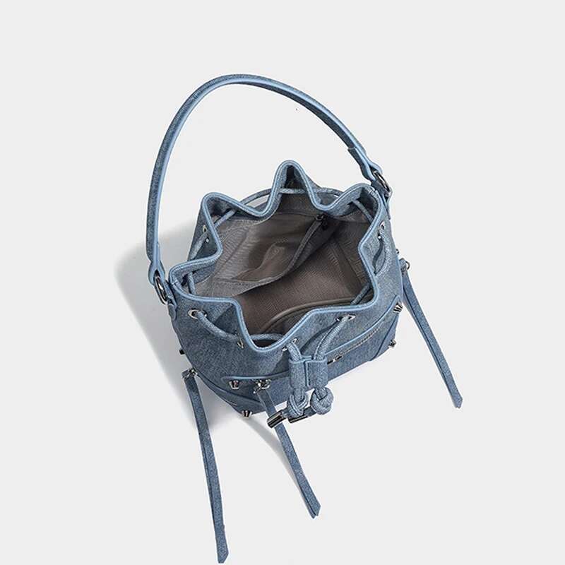 Denim Bucket Bags For Women Designer Handbags And Purses 2024 New In Fashion Rivet Chain Decoration Shoulder Crossbody