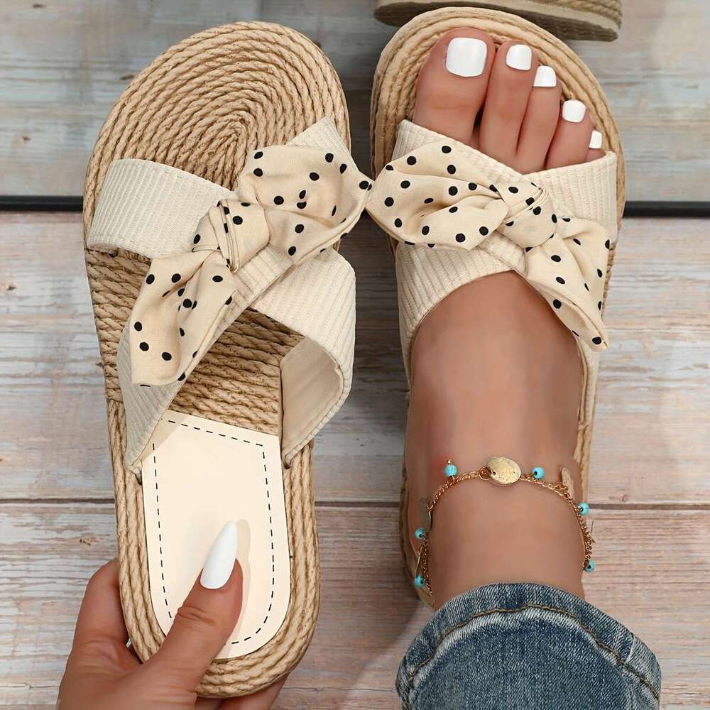 Breathable Linen Slides - Open-Toe Lightweight Comfort, Stylish Slip-On Shoes for & Relaxation, Vintage Round Toe Flat with Decorative Bow, Indoor Out