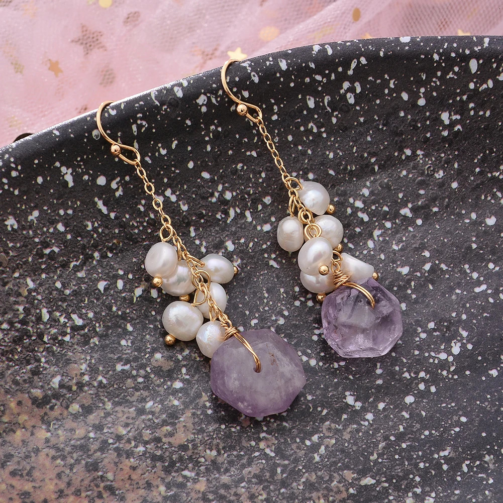Original Handmade 14K Gold Filled Natural Freshwater Pearl Irregular Amethyst Ladies Drop Earrings Jewelry Women Wedding Gift 250517