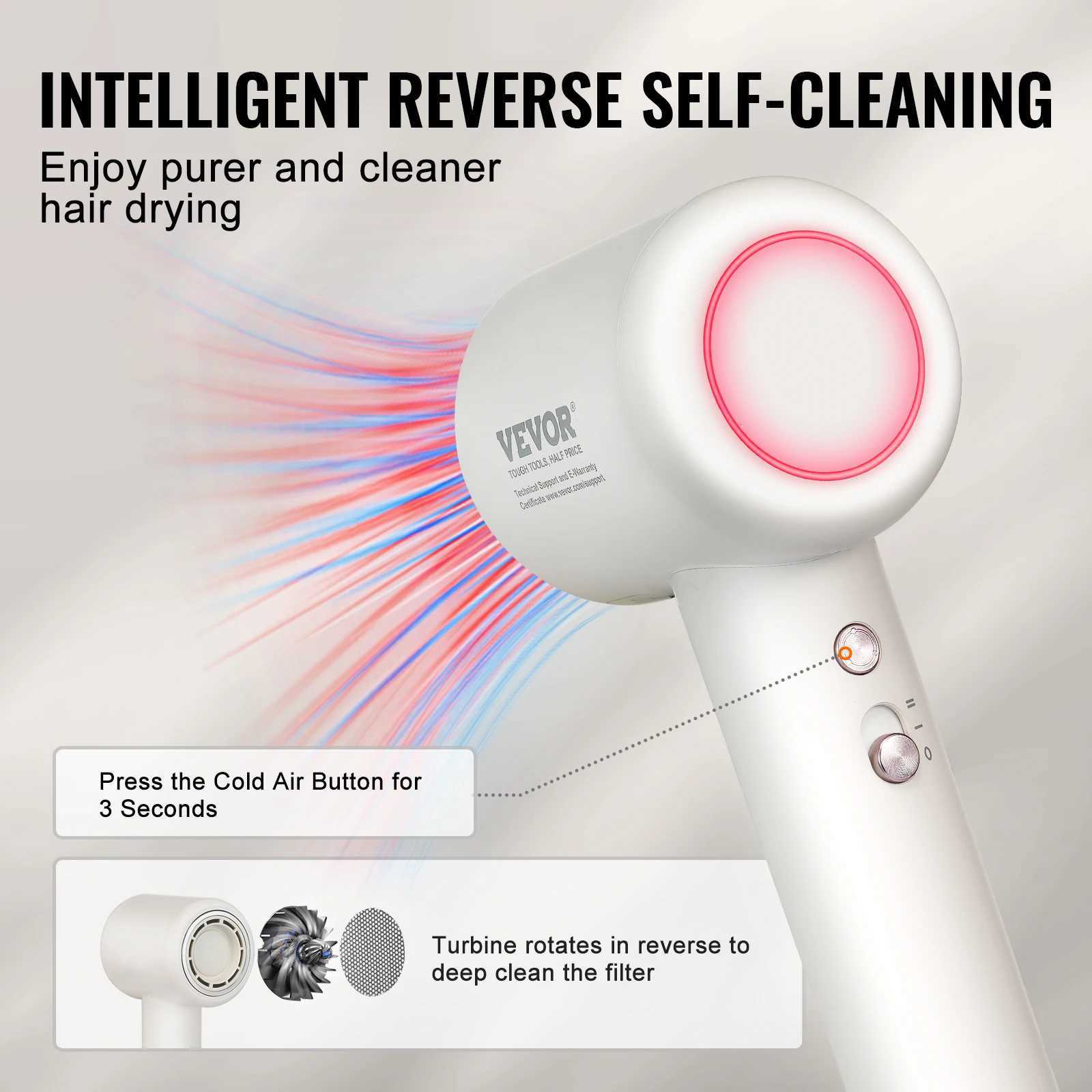 VEVOR High-Speed Hair Dryer with Brushless Motor 200 Million Negative Ions Lightweight Hairdryer with Nozzle for Home Travel z250520