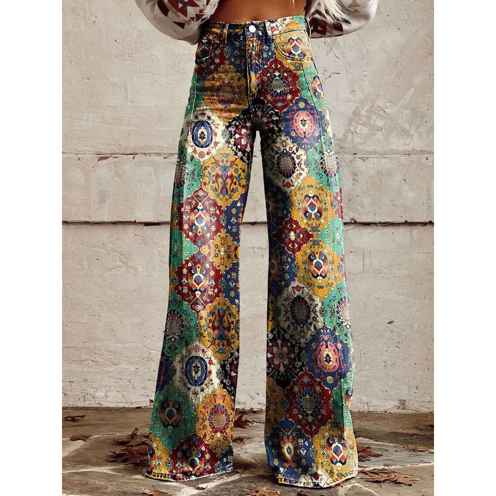 2025 High-Waisted Wide-Leg Printed Jeans for Women - Stretchy Casual Fashion