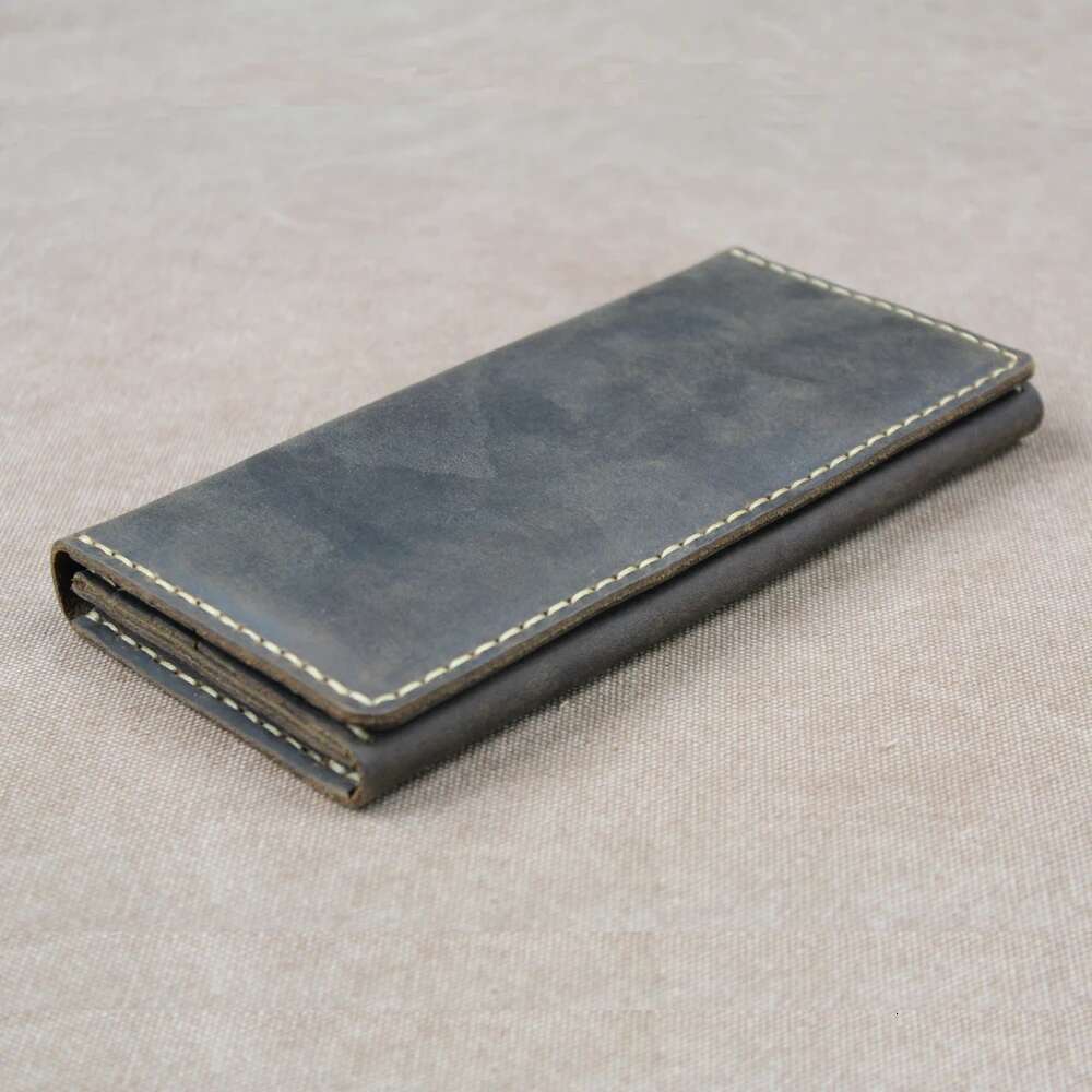 High Class Handmade Crazy Horse Genuine Leather Long Men Purse Bifold Clutch Wallet Male Money Clips Bag with Phone case