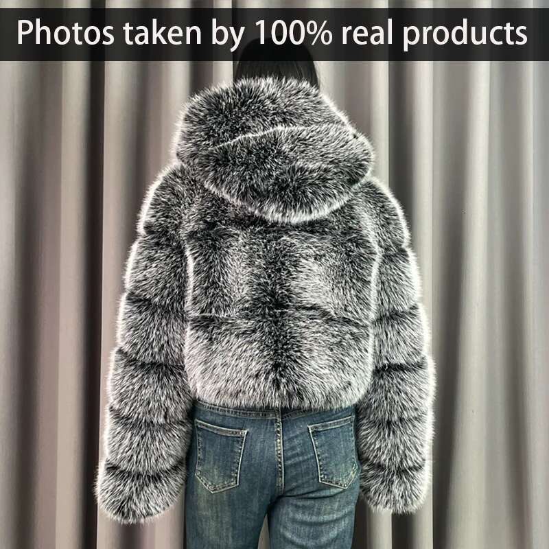 Winter Warm Ladies Fake Jacket Short Fashion Hooded Artificial Fox High Quality Women's Cropped Fur Coat Black Designer