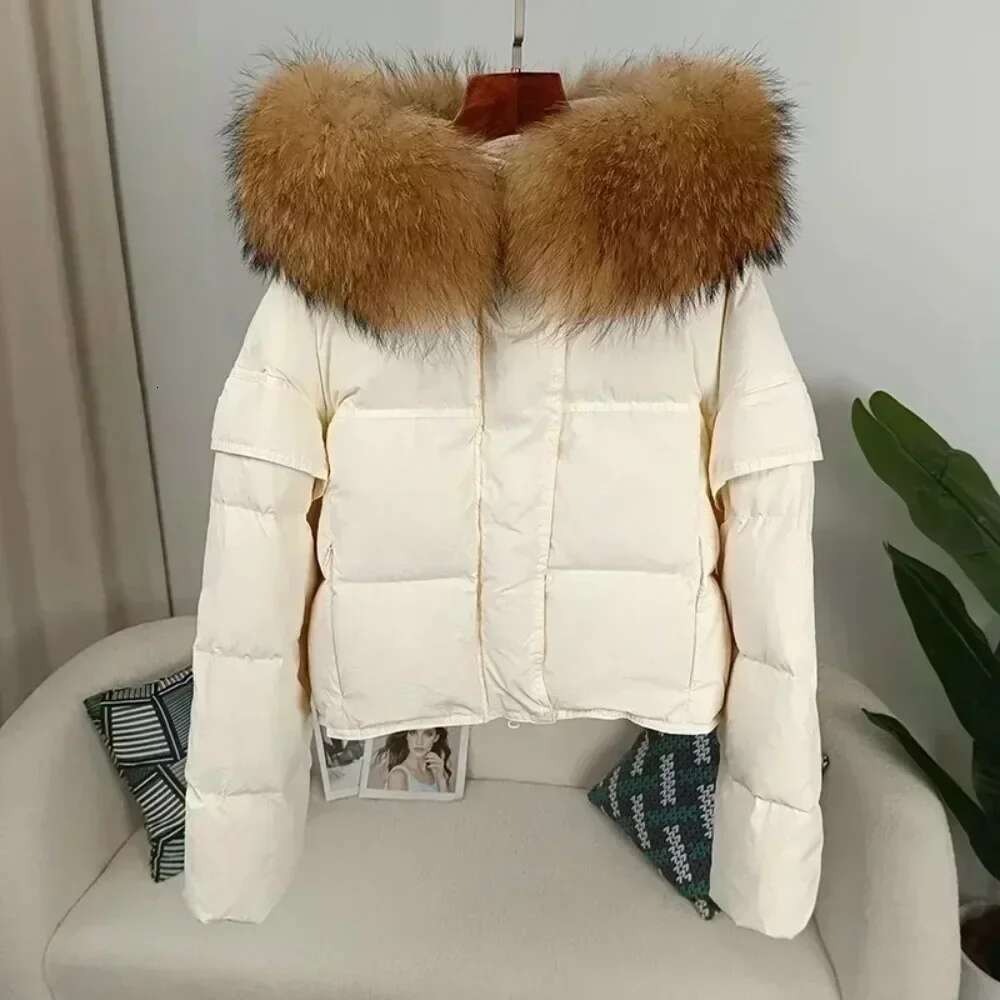 OFTBUY Detachable Sleeve Real Raccoon Fur Collar Jacket Outerwear Winter Women Hooded Fashionable Streetwear Duck Down Loose