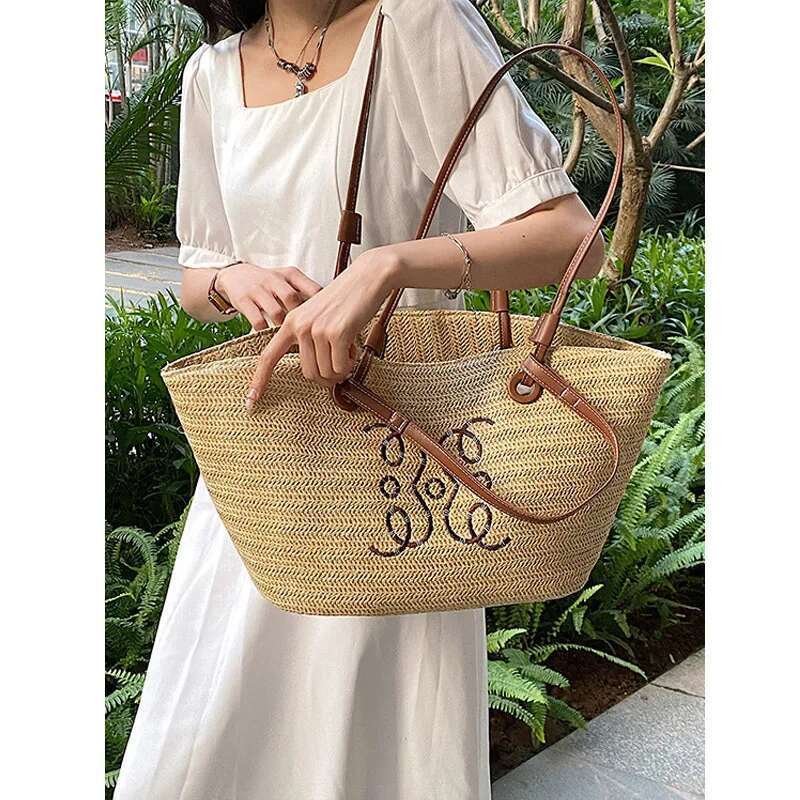 Handheld Straw Woven For Women, Large Capacity Summer Vacation Travel Bucket Commuting Tote Bag, Shopper Bag