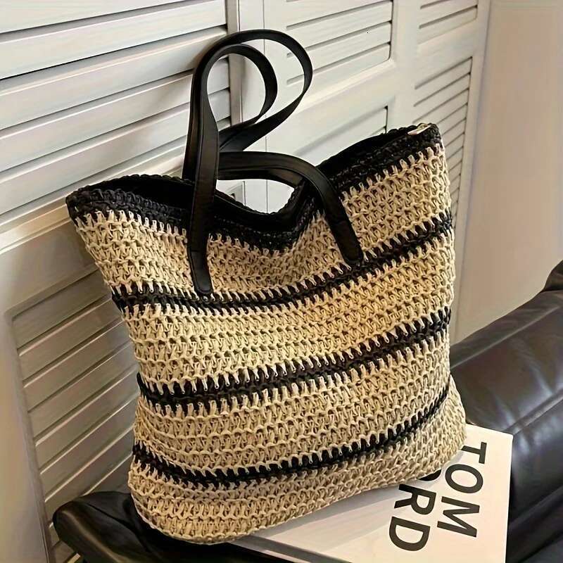 Large Boho Chic Striped Woven Tote Bag, Spacious Shoulder & Shopping For Women With Black And White Design, Beach Bag