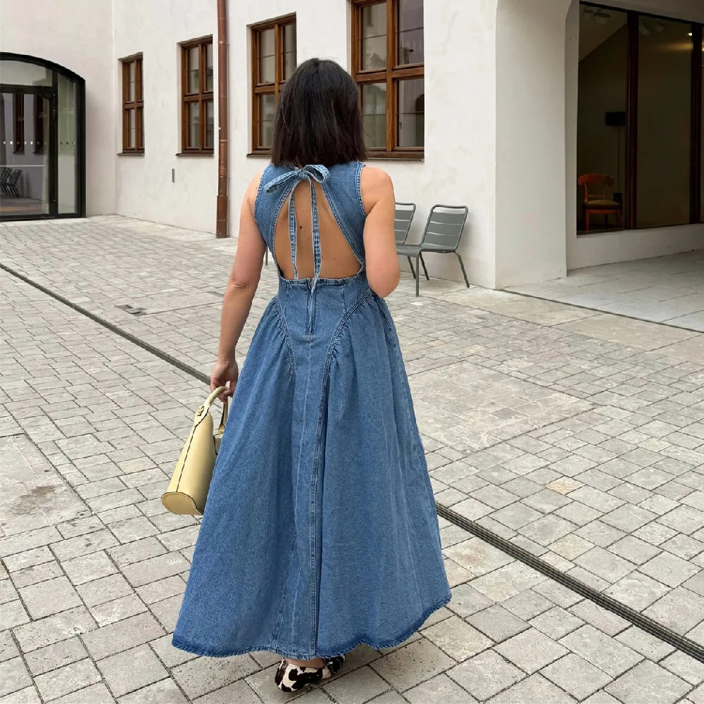 PB ZA back hollow quality simple loose hem denim skirt Aline dress long summer womens clothing 250520