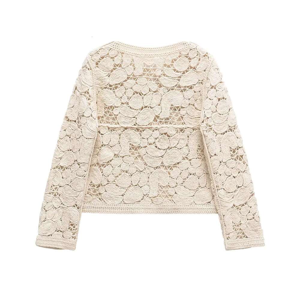 TRAF & Women 2025 Spring New Fashion Leisure Style Knot Knitted Coat Chic Hollow Joker Crewneck Long Sleeve Cardigan Mujer