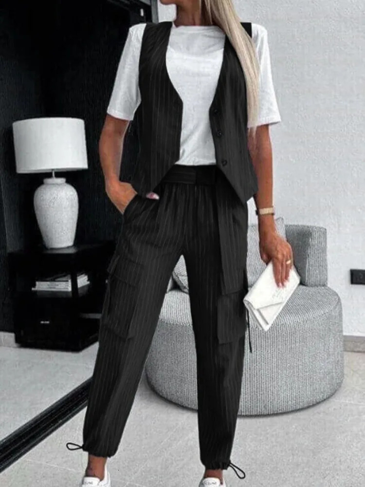 White Striped Vest Suit For Women Summer Casual V-neck Button Top Pocket Loose Pants Outfits Two-piece Suit For Women Elegant 250516