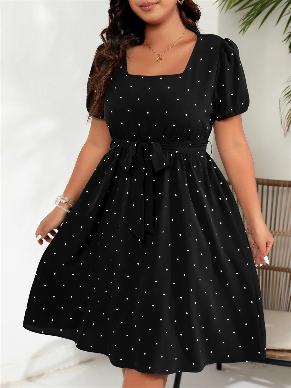 GIBSIE Plus Size Square Neck Polka Dot Belted Dress Womens Elegant Retro Puff Sleeve High Waist Summer A-line Big Swing Dresses 250519