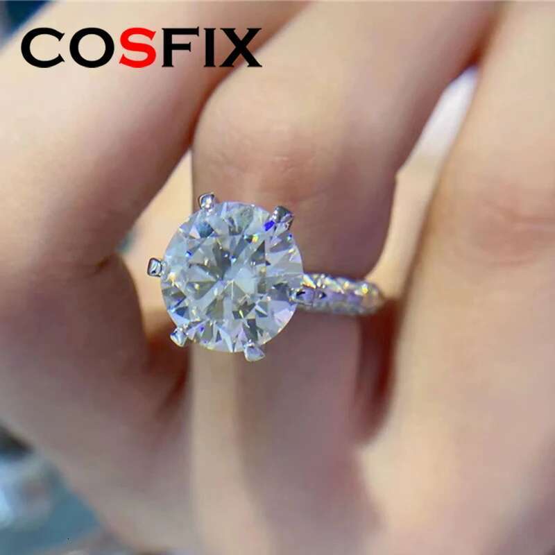COSFIX Classical Six Claw D Color 5 Carat Lace Moissanite Ring S925 Sterling Silver Plate Pt950 Engagement Ring For Women