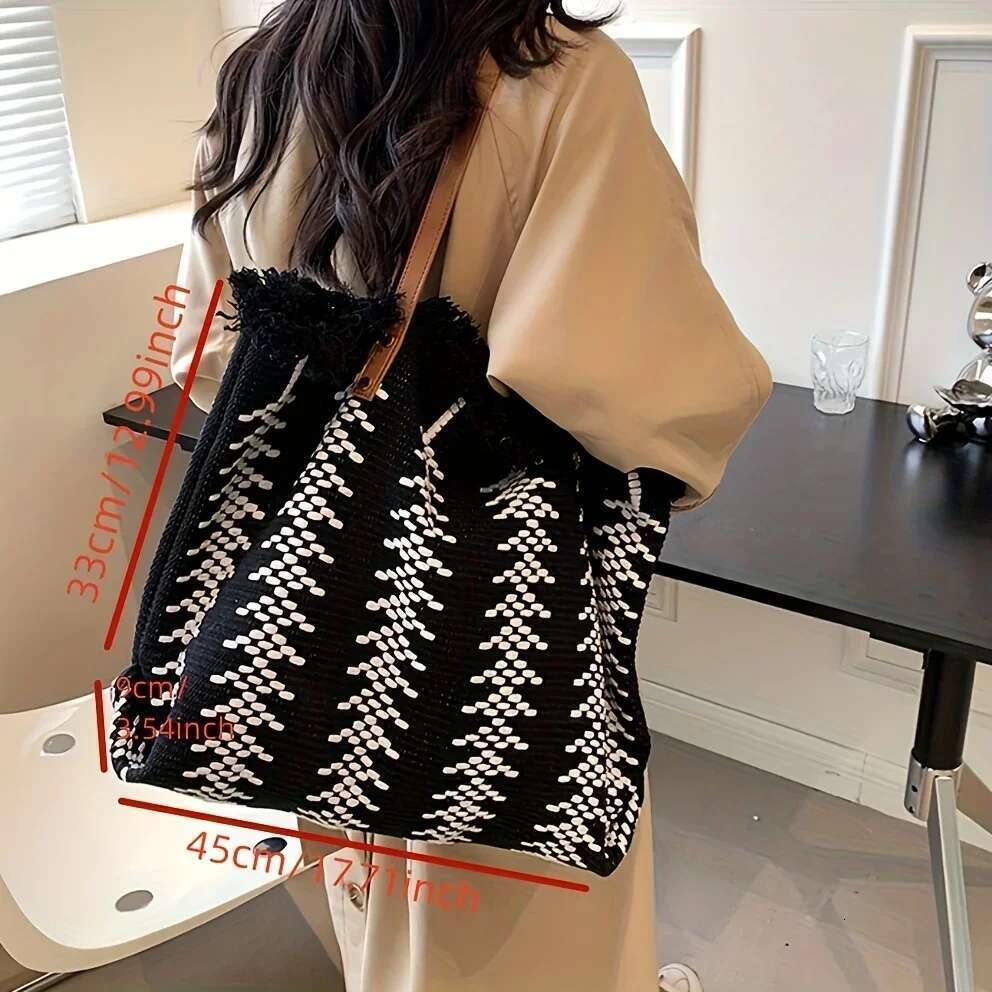 Chic Striped Canvas Tote Bag With Fringe Detail - Spacious Shoulder Handbag For Beach & Shopping, Hine Washable